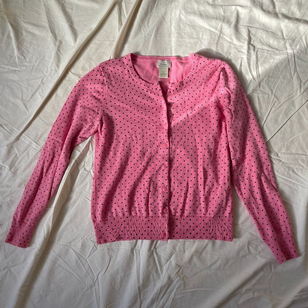 L.L. Bean Pink Cotton Cardigan with Navy Polkadots Size XS